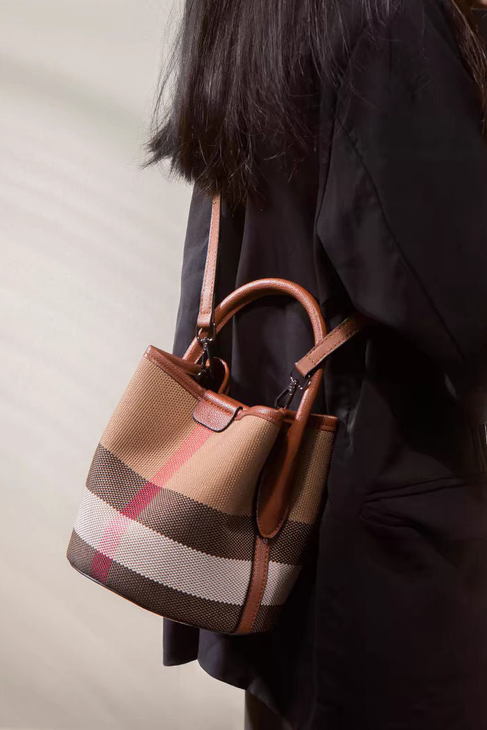 Casual Vintage Plaid Spliced Bucket Bag