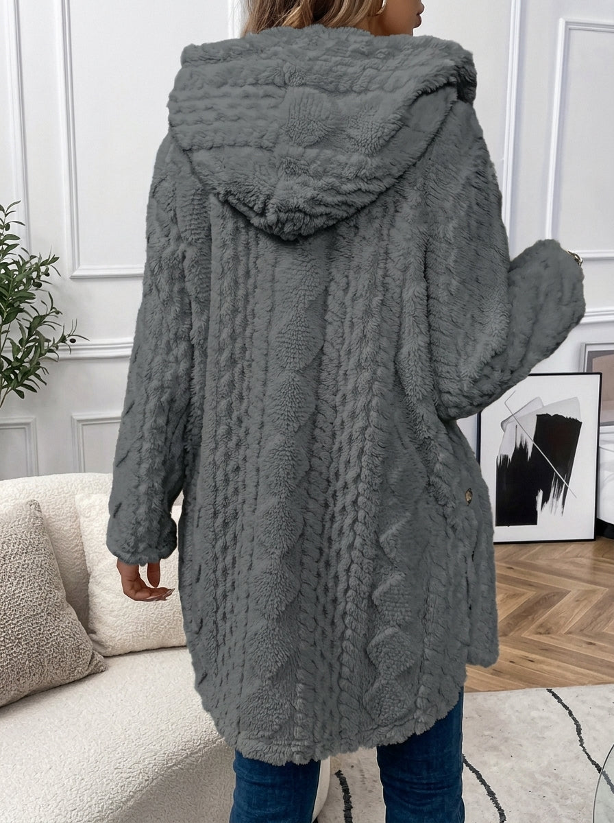 Cloud Faux Fur Hooded Coat with Cable-Knit Texture