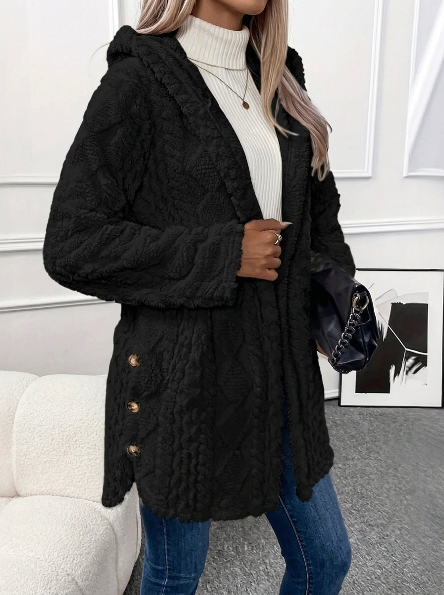 Cloud Faux Fur Hooded Coat with Cable-Knit Texture