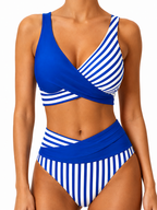 Cross-front striped print bikini