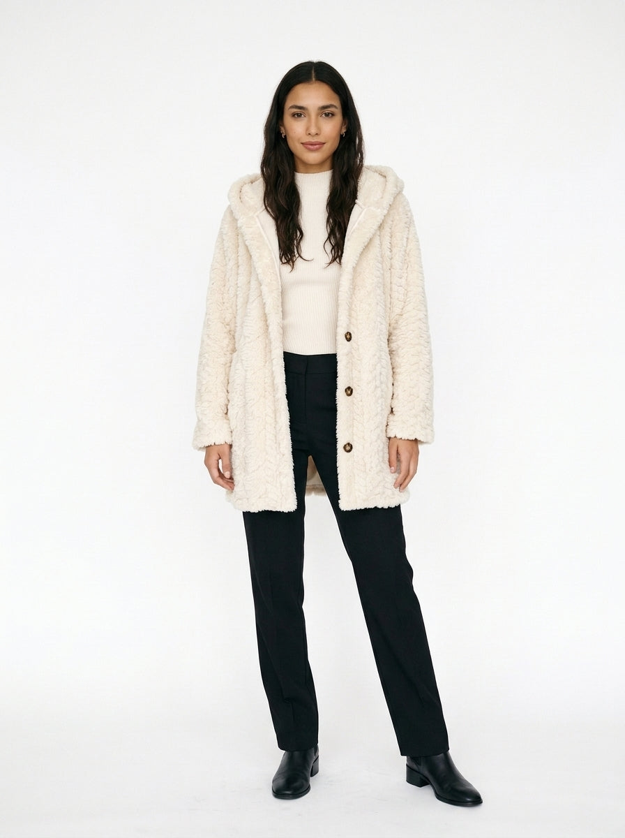 Cloud Faux Fur Hooded Coat with Cable-Knit Texture