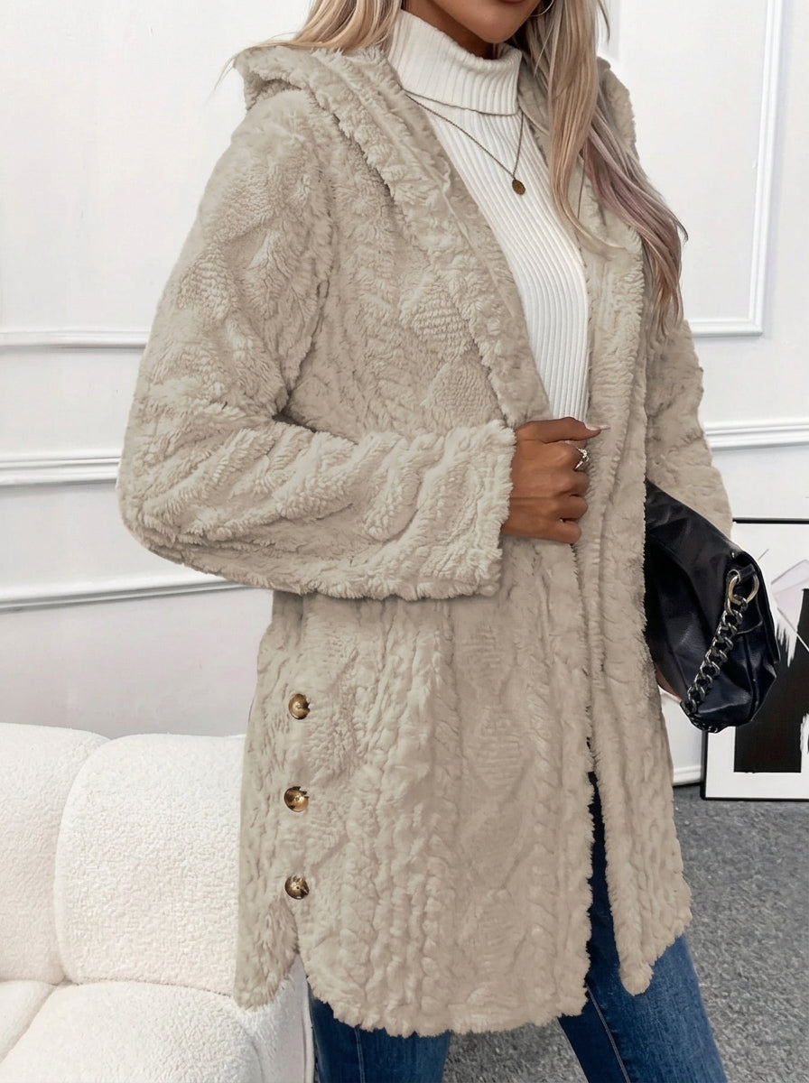 Cloud Faux Fur Hooded Coat with Cable-Knit Texture