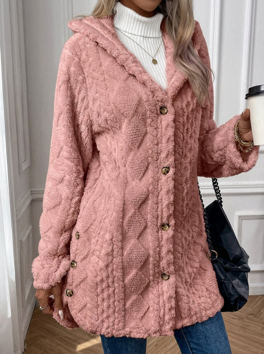 Cloud Faux Fur Hooded Coat with Cable-Knit Texture