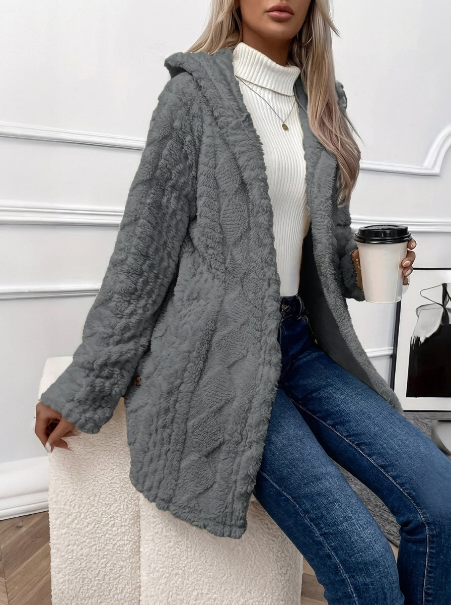 Cloud Faux Fur Hooded Coat with Cable-Knit Texture