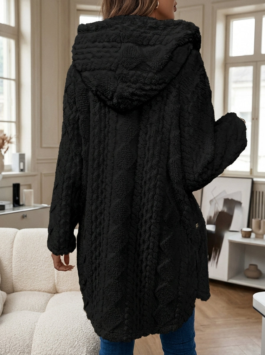 Cloud Faux Fur Hooded Coat with Cable-Knit Texture