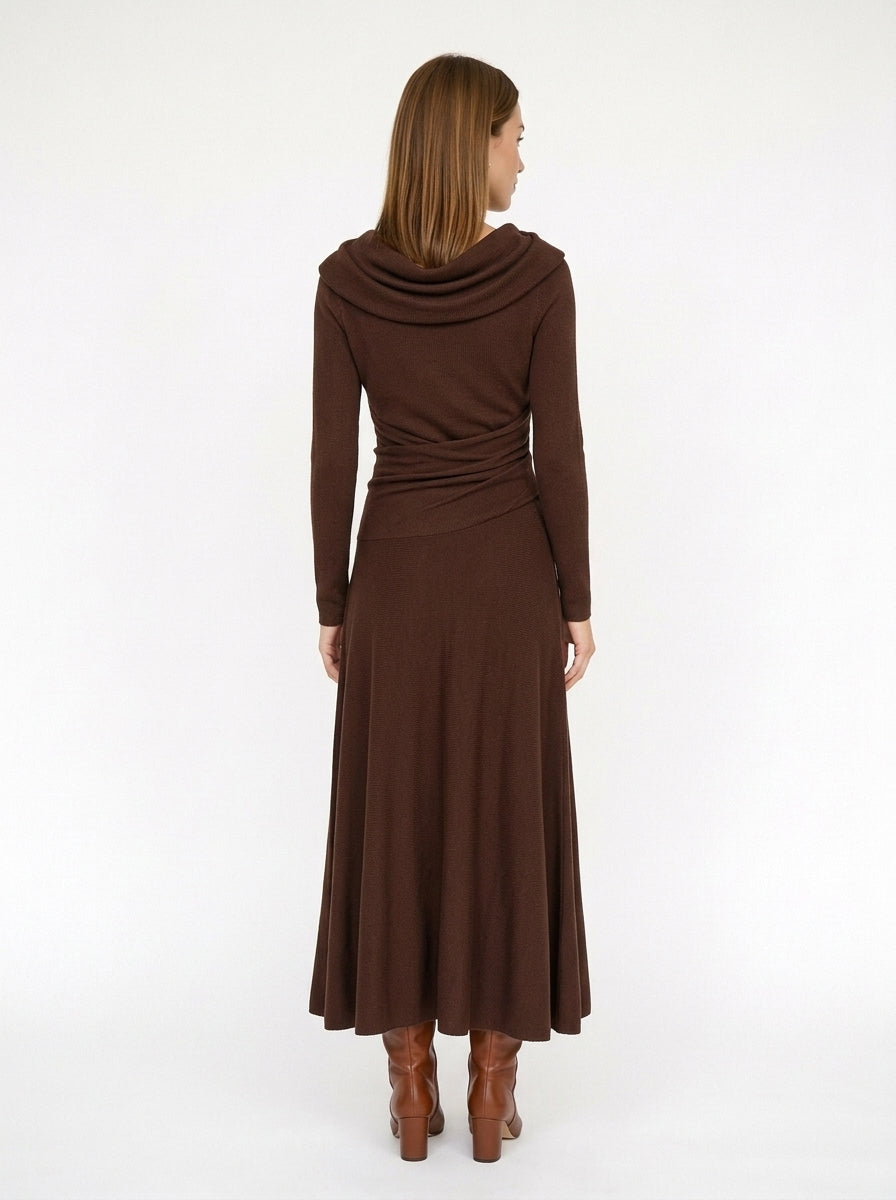 Florence Chocolate Brown Cowl Neck Long Sleeve Midi Dress