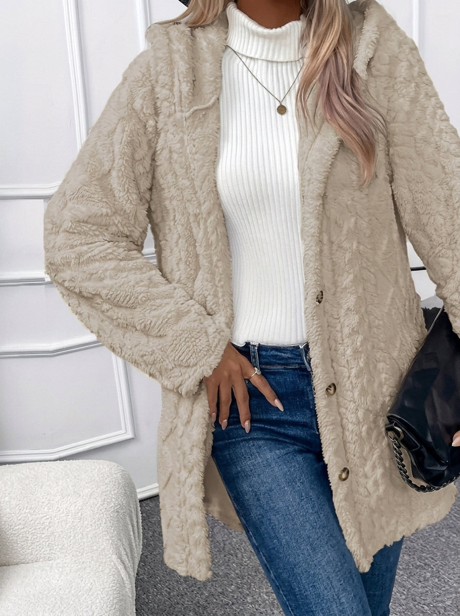 Cloud Faux Fur Hooded Coat with Cable-Knit Texture