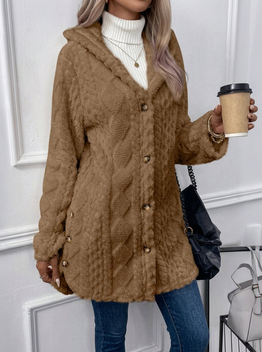 Cloud Faux Fur Hooded Coat with Cable-Knit Texture