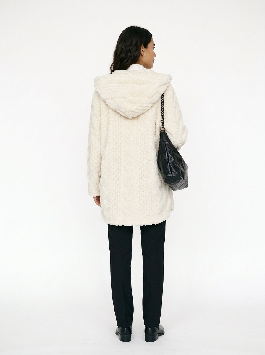 Cloud Faux Fur Hooded Coat with Cable-Knit Texture