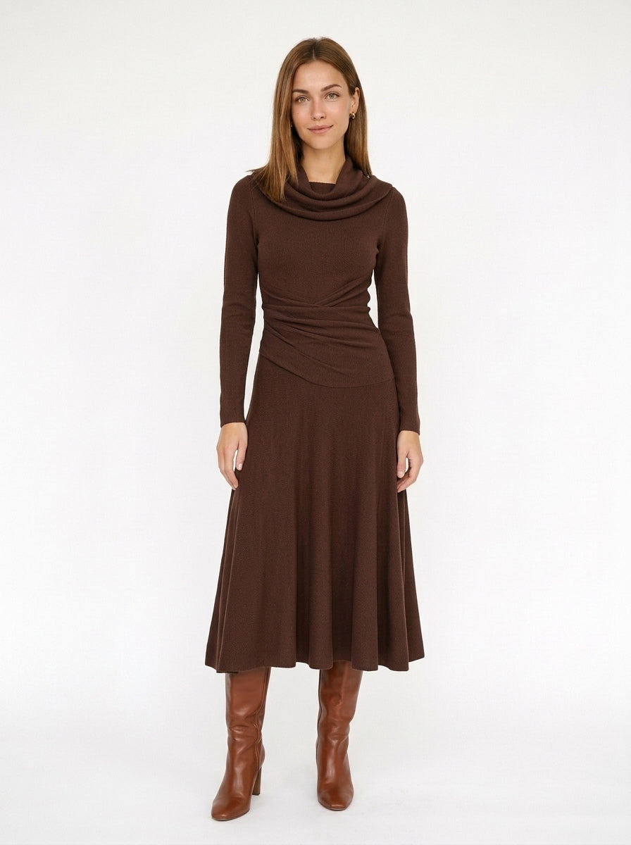 Florence Chocolate Brown Cowl Neck Long Sleeve Midi Dress