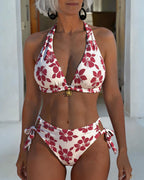 Bikini halter con estampado de hibisco