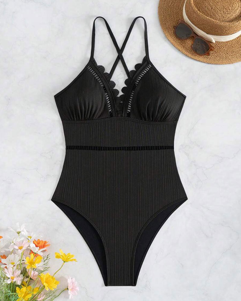 Solid-color one-piece swimsuit with cutouts