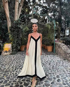 Vestido largo de escote en V bicolor