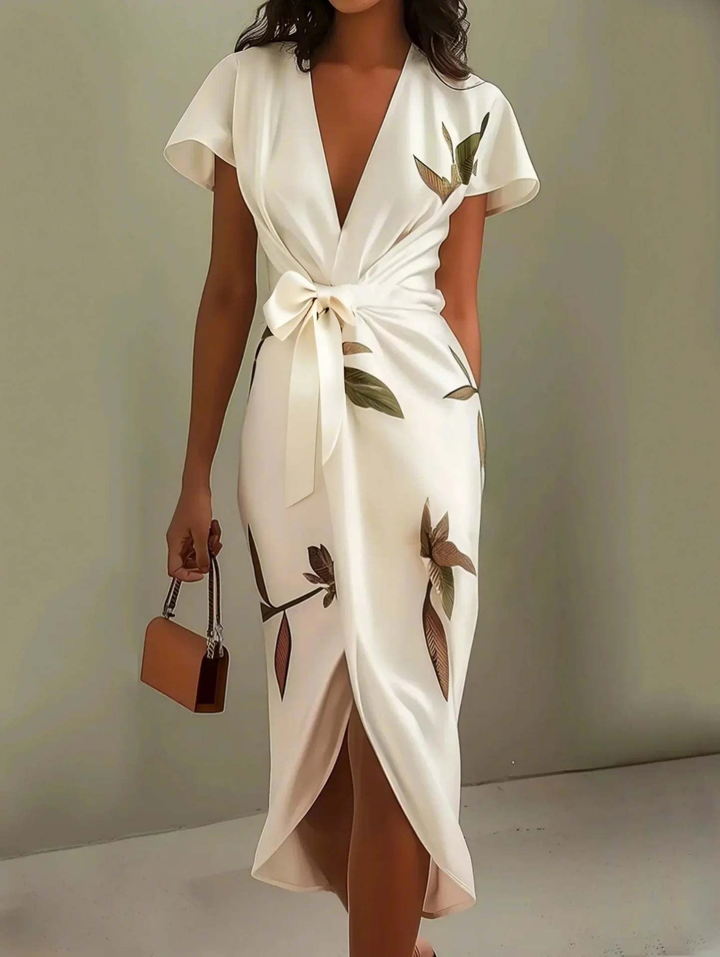 Vestido elegante cruzado con lazo a la cintura y estampado floral